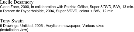 Lucile Desamory 
Clone Zone, 2000, In collaboration with Patricia Gélise, Super 8/DVD, B/W, 13 min.
à l’ombre de l’hyperboloïde, 2004, Super 8/DVD, colour + B/W, 12 min.

Tony Swain 
6 Drawings: Untitled, 2006 , Acrylic on newspaper, Various sizes
(Installation view)